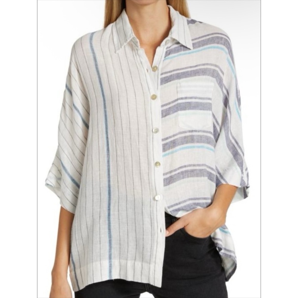 Rails Finley Shirt Mixed Aegean Blue Stripe Linen Blend Button Down Top Medium